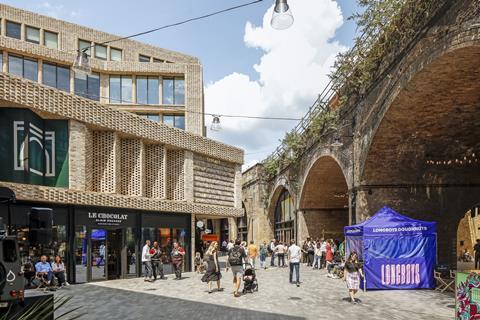 Le Chocolat store and Longboys Doughnuts stand at Borough Yards, London